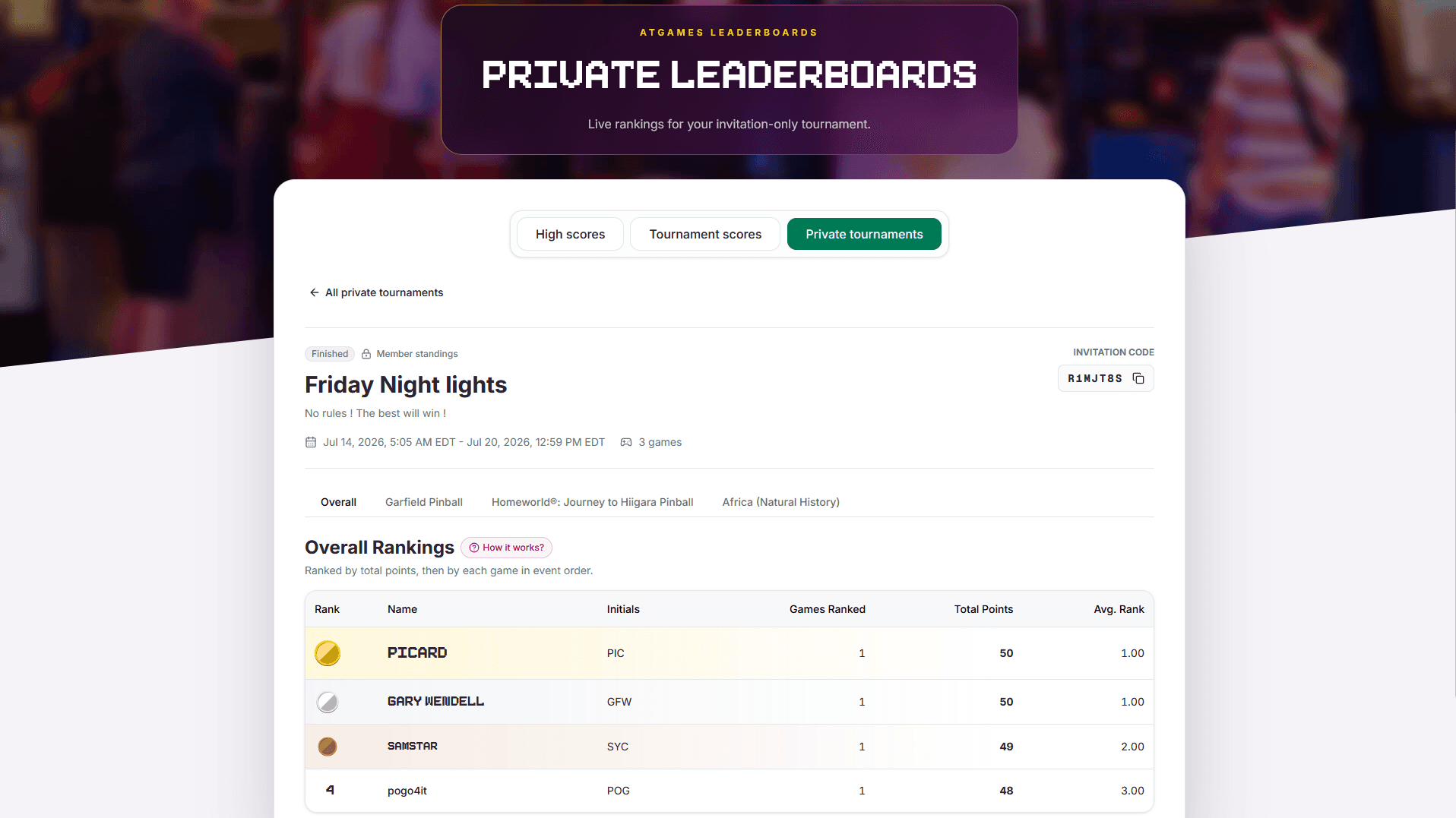 Private tournament standings on the AtGames website with overall rankings and game tabs