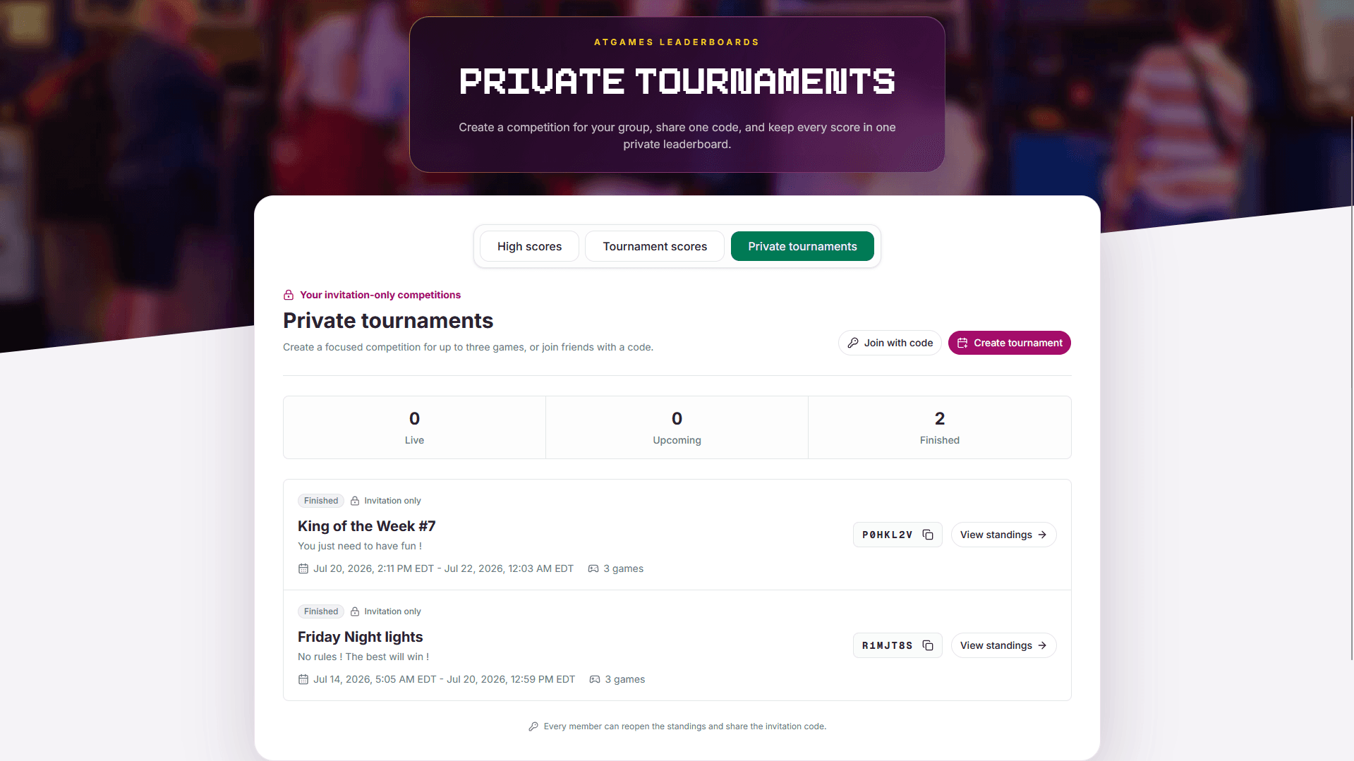Private Tournaments page on the AtGames website showing tournament actions and a list of competitions