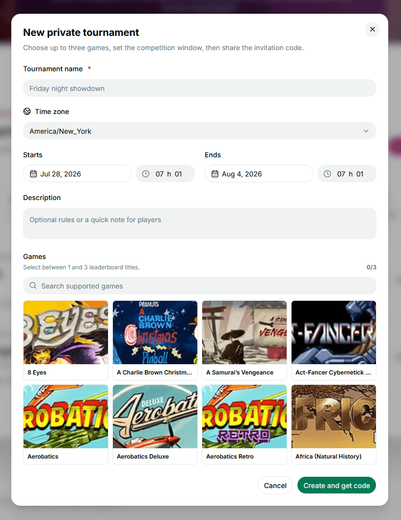 Private tournament creation form with tournament details, schedule, and game selection