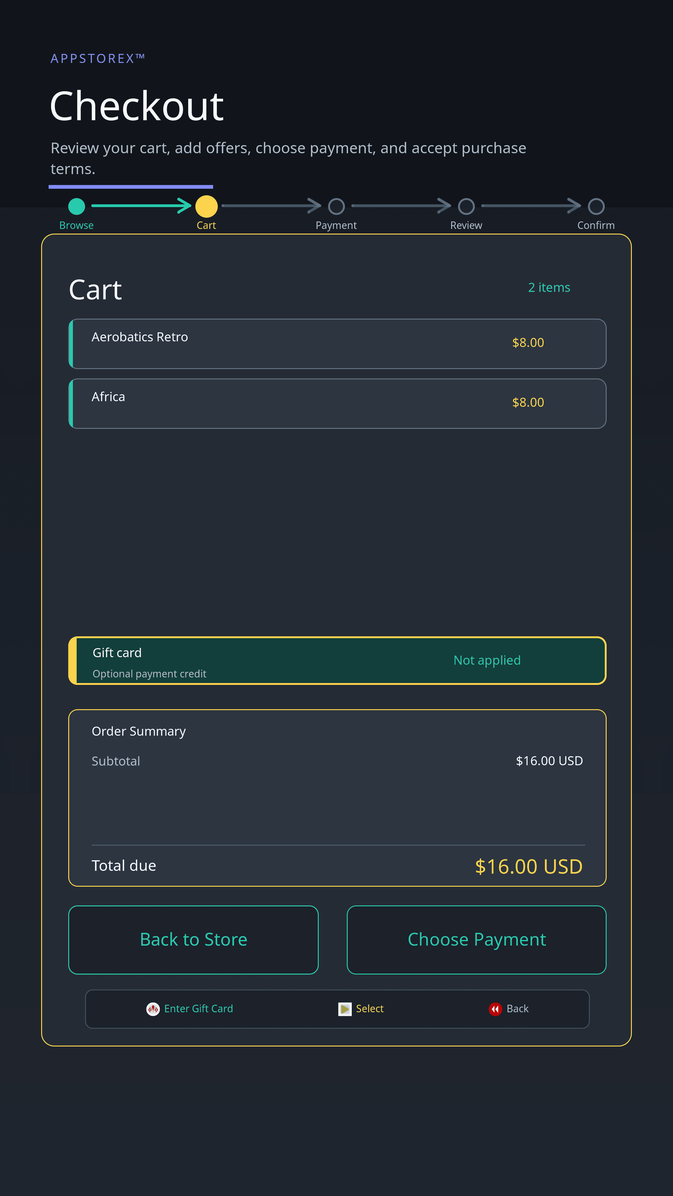 AppStoreX™ checkout screen with the gift card option highlighted