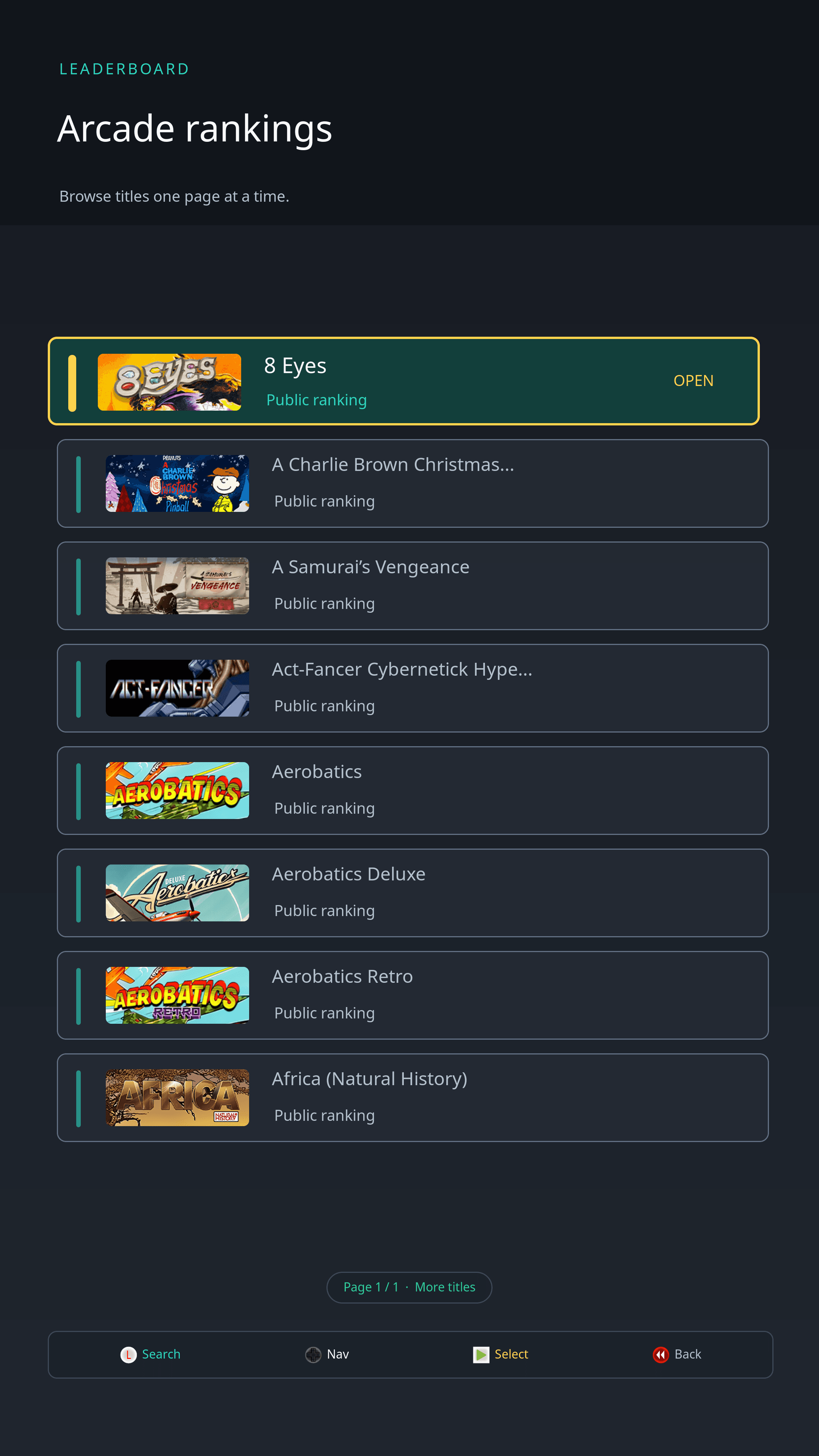 Global Leaderboards game list in Legends Access